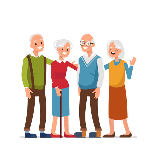 Elderly people with friends standing together. flat style vector illustration.